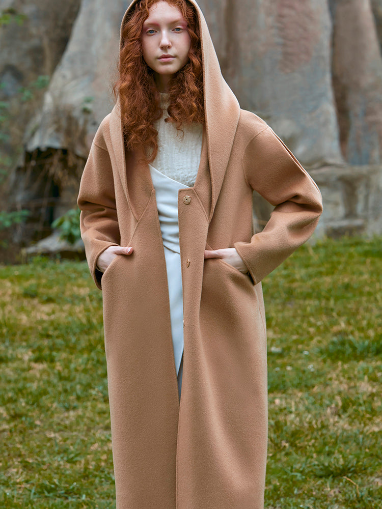 LAPEL HOODED WOOL COAT