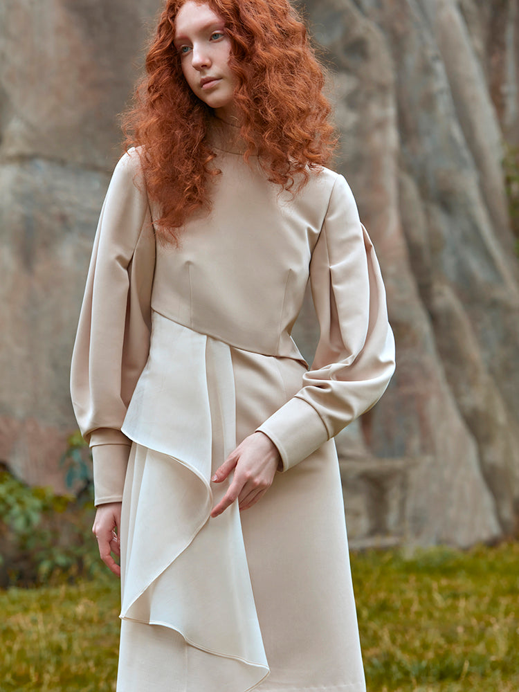 HIGH NECK MESH PANELED DRESS