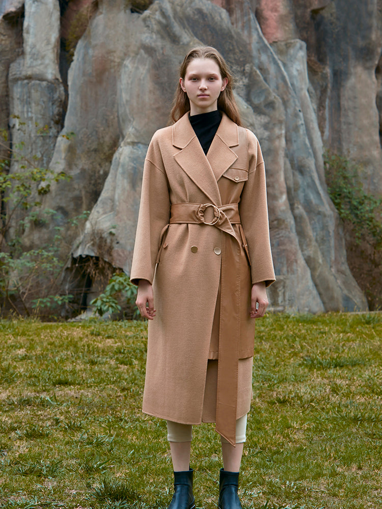LEATHER PANELED WOOL COAT