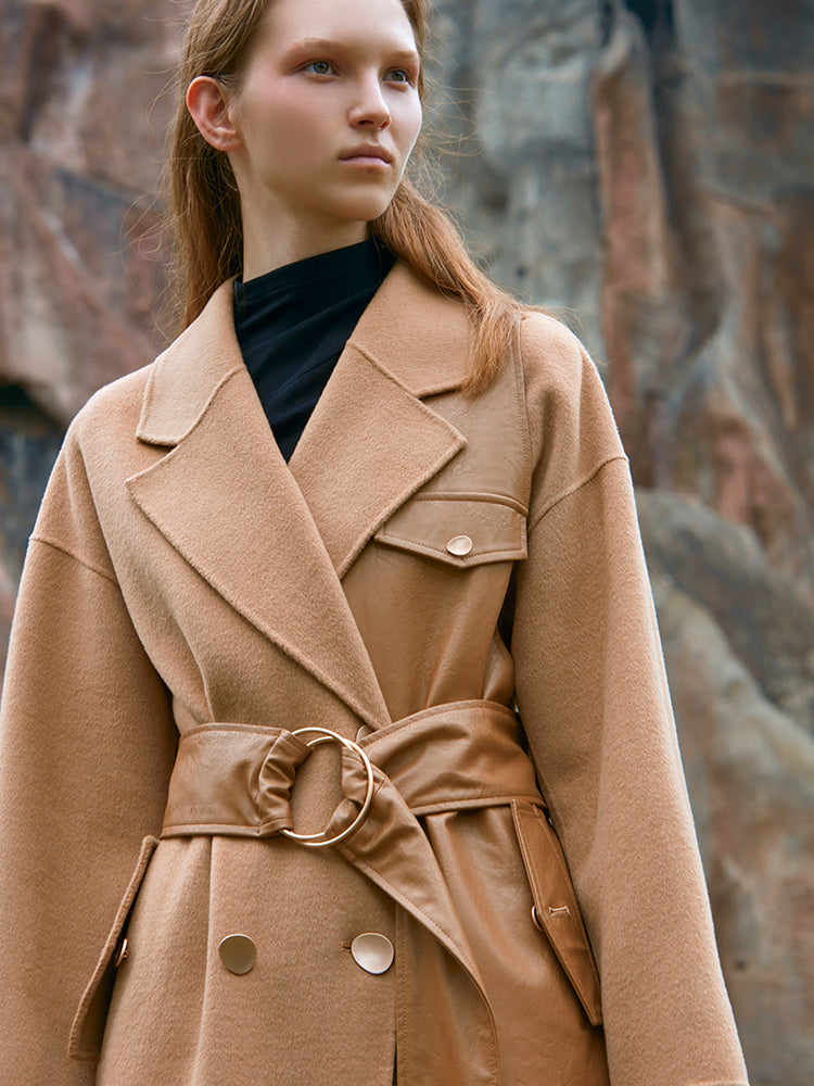 LEATHER PANELED WOOL COAT