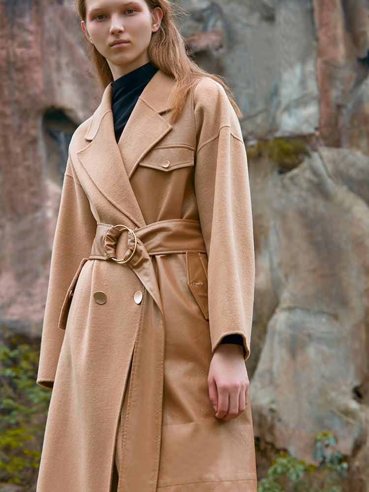 LEATHER PANELED WOOL COAT