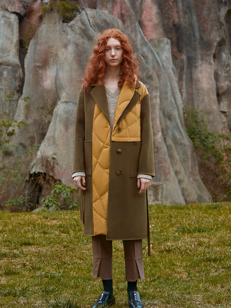COLOR BLOCK PANELED WOOL COAT