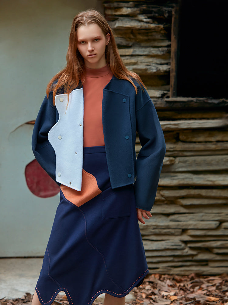 COLOR BLOCK CURVED LAPEL WOOL COAT