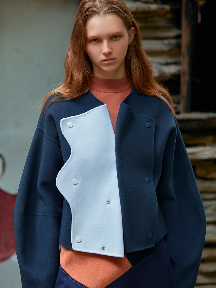 COLOR BLOCK CURVED LAPEL WOOL COAT
