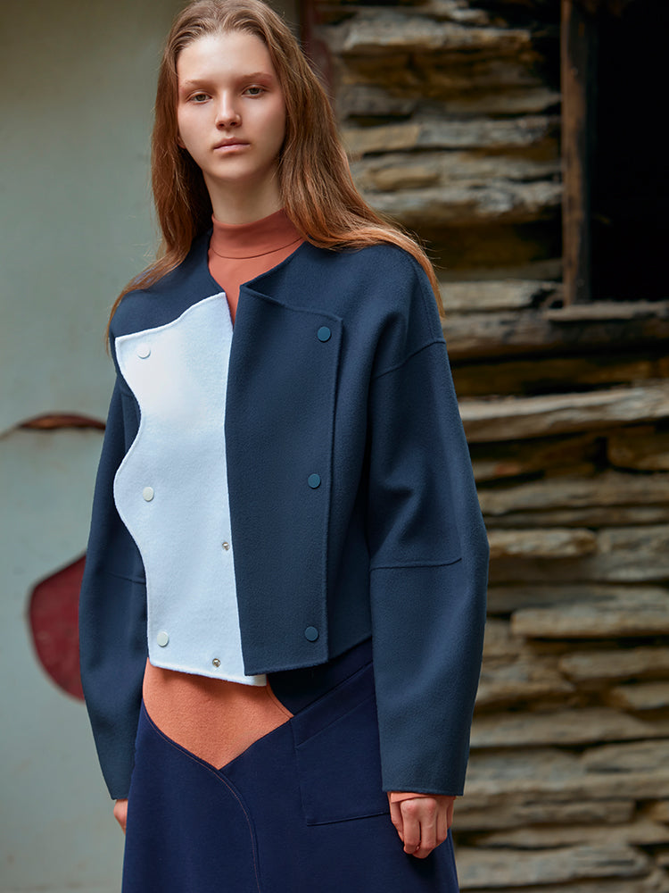 COLOR BLOCK CURVED LAPEL WOOL COAT