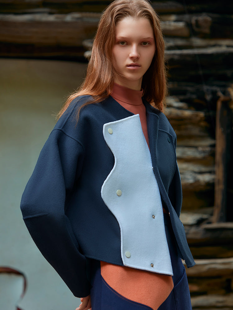 COLOR BLOCK CURVED LAPEL WOOL COAT