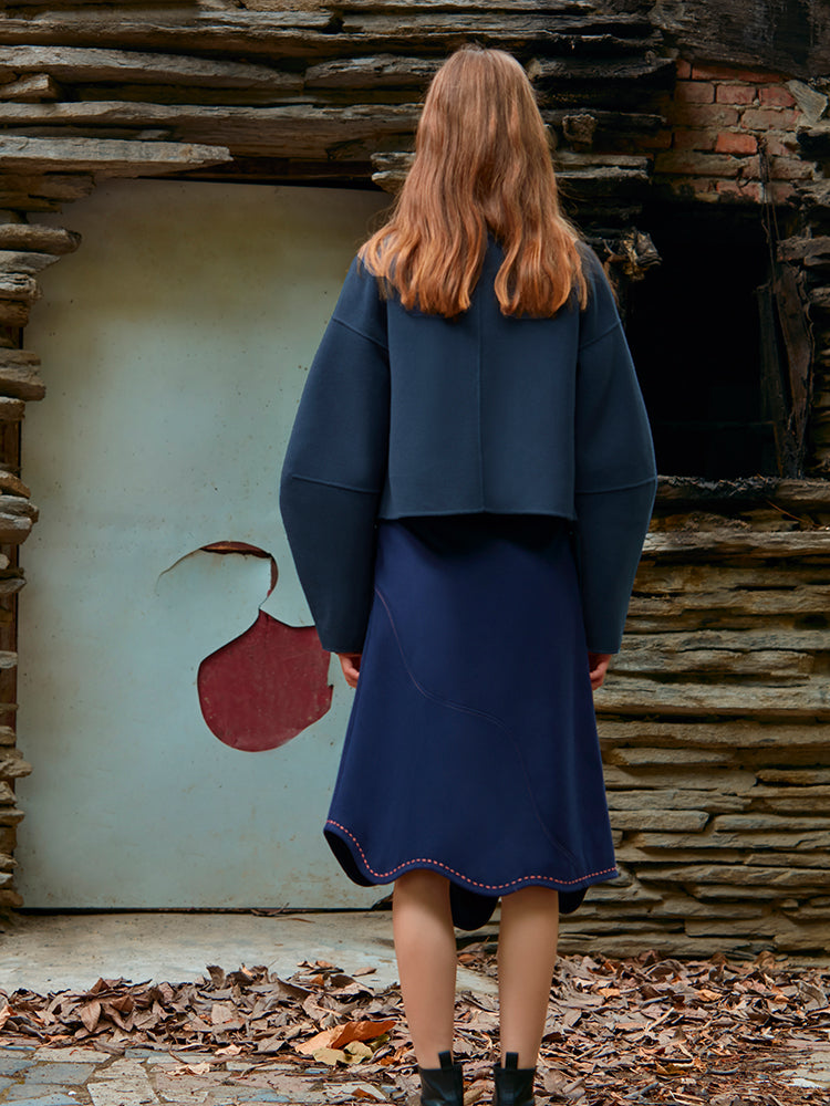 COLOR BLOCK CURVED LAPEL WOOL COAT