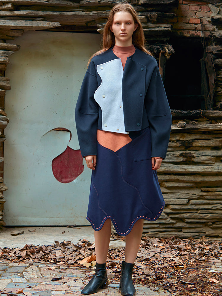 COLOR BLOCK CURVED LAPEL WOOL COAT