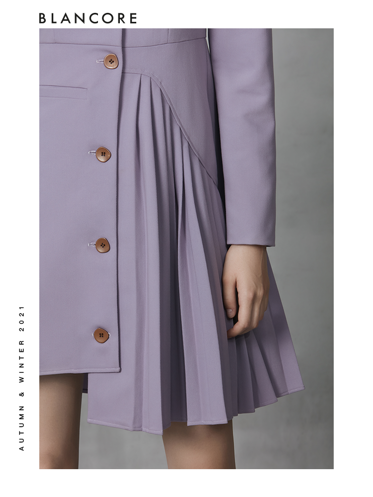 Asymmetrical Pleated Blazer Dress With Curved Collar