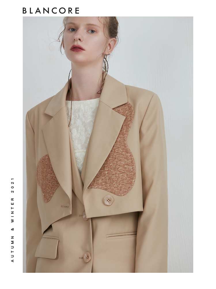 Detachable Khaki Jacquard Print Panelled Blazer