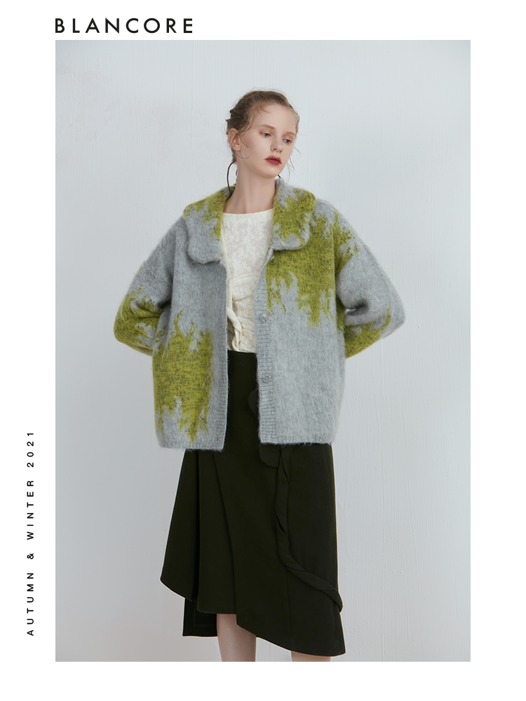 Color Block Cardigan With Curved Collar