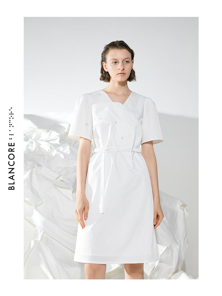 CURVED SPLICING DRESS WTIH PUFFY SLEEVES