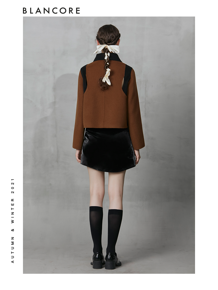 Wool Coat With Black Curved Collar And "Hollow-Out" Shoulder Detail