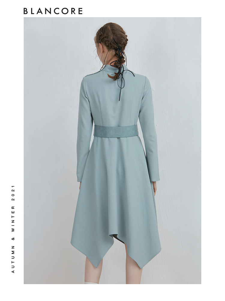 Asymmetrical Long Sleeve Dress With Hollow-Out And Belt Detail