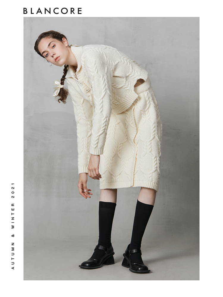 Off-White Knit Suit -Asymmetrical Polo Collar Top & Cocoon Skirt