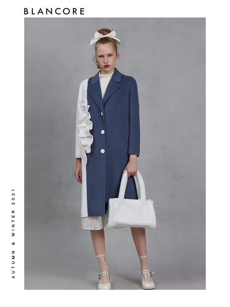 Vintage Blue And White Color Block Wool Coat With Ruffle Detail