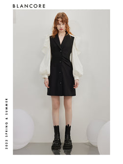 Black And White Blazer Dress With Puff Sleeves Detail