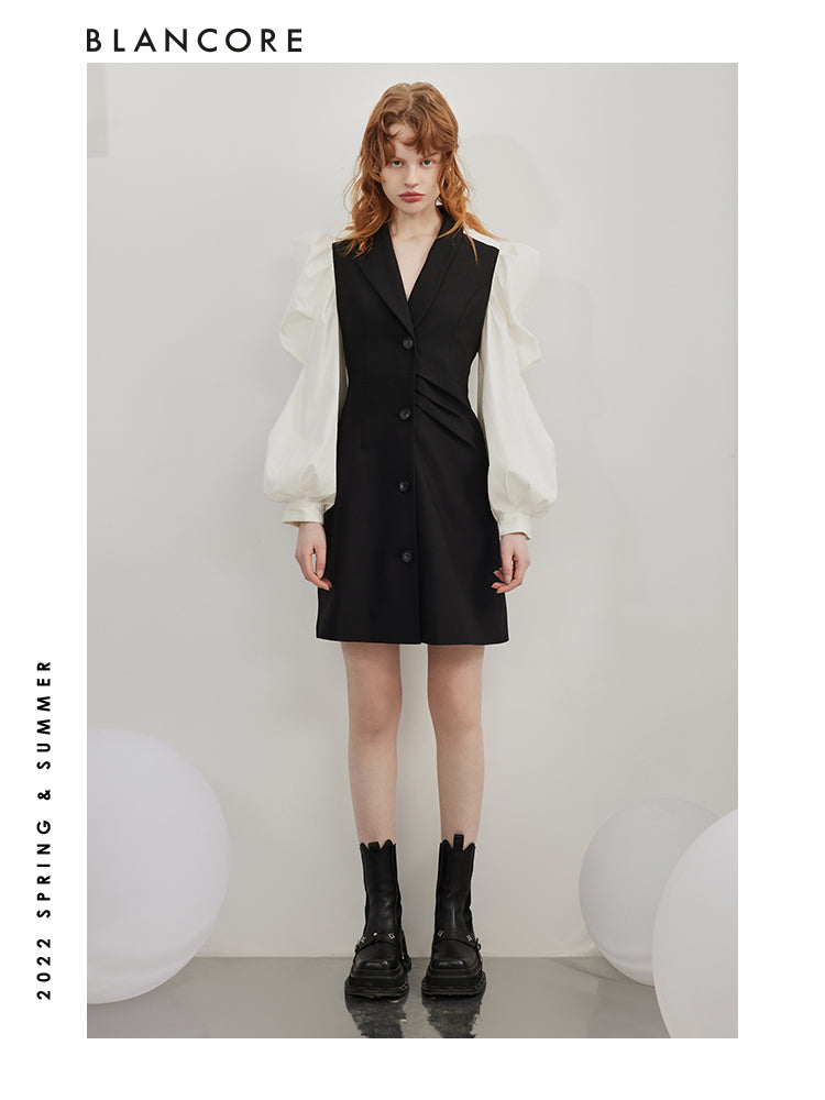 Black And White Blazer Dress With Puff Sleeves Detail