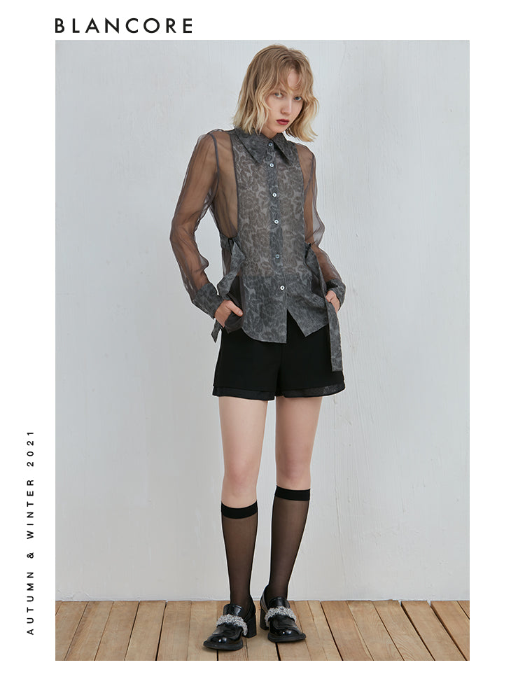 Mesh-panelled Long Sleeve Shirt With Blossom-print Detail
