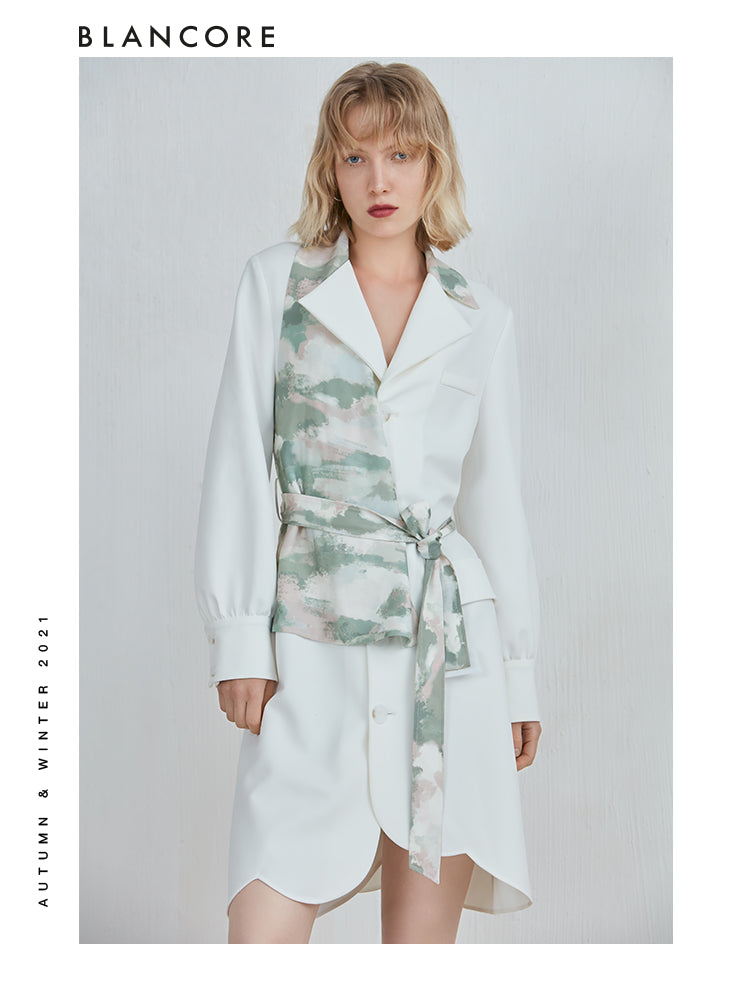 Tie-Front Asymmetrical Color Printed Blazer Dress