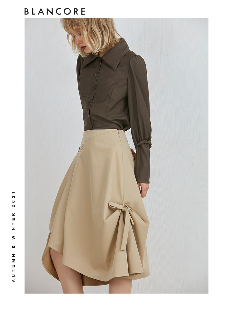 Khaki Asymmetrical Skirt With Bowtie Detail