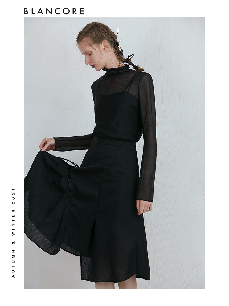 Asymmetrical Mesh Pleated Skirt