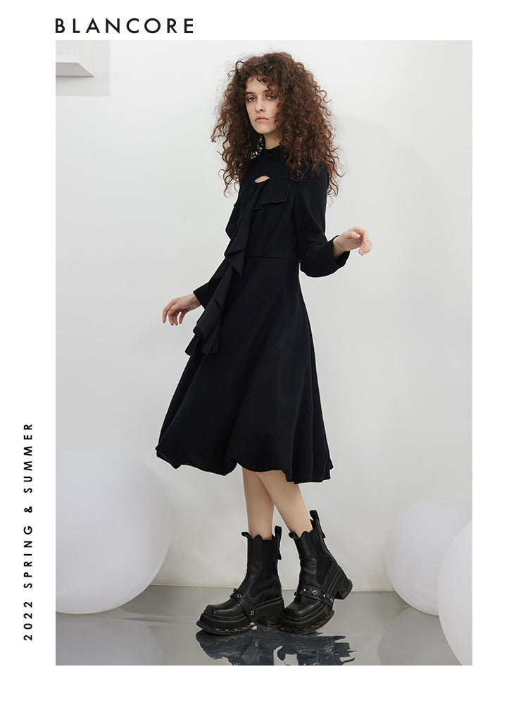 Hollow-Out Knit Dress With Ruffle Detail