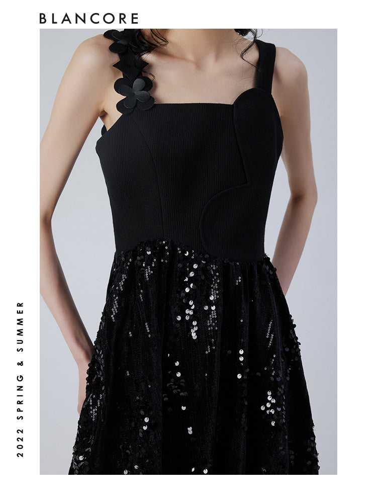 Black Slip Sequin Midi Dress