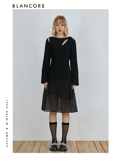 Mesh-Panelled Long Sleeve Dress With Asymmetrical Bottom