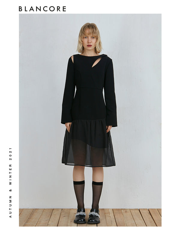 Mesh-Panelled Long Sleeve Dress With Asymmetrical Bottom