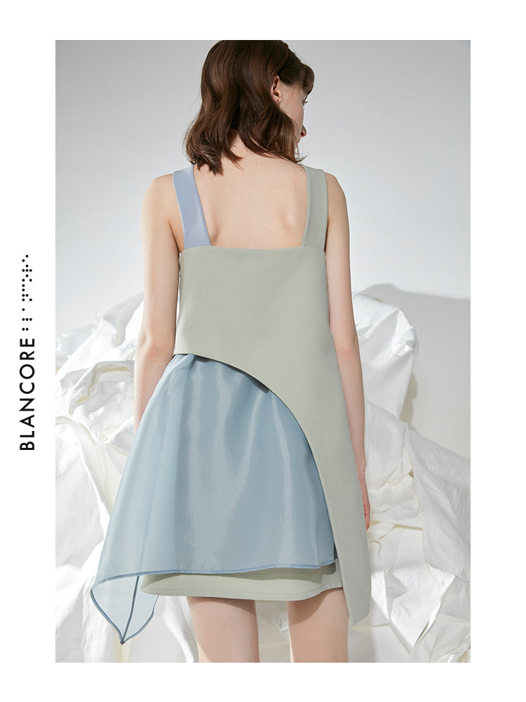 COLOR BLOCK MESH PANELLED STRAP DRESS