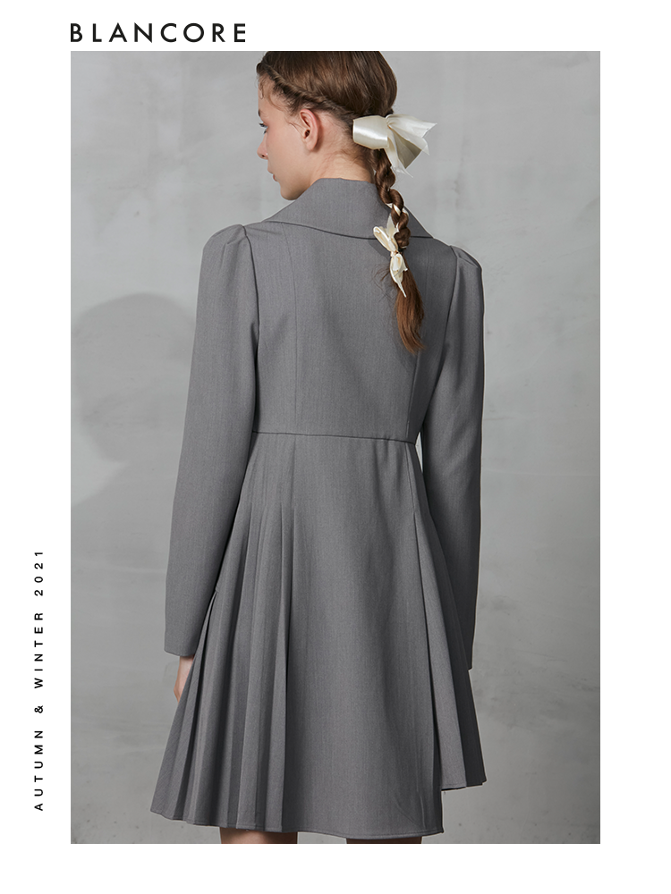 Asymmetrical Pleated Blazer Dress With Curved Collar