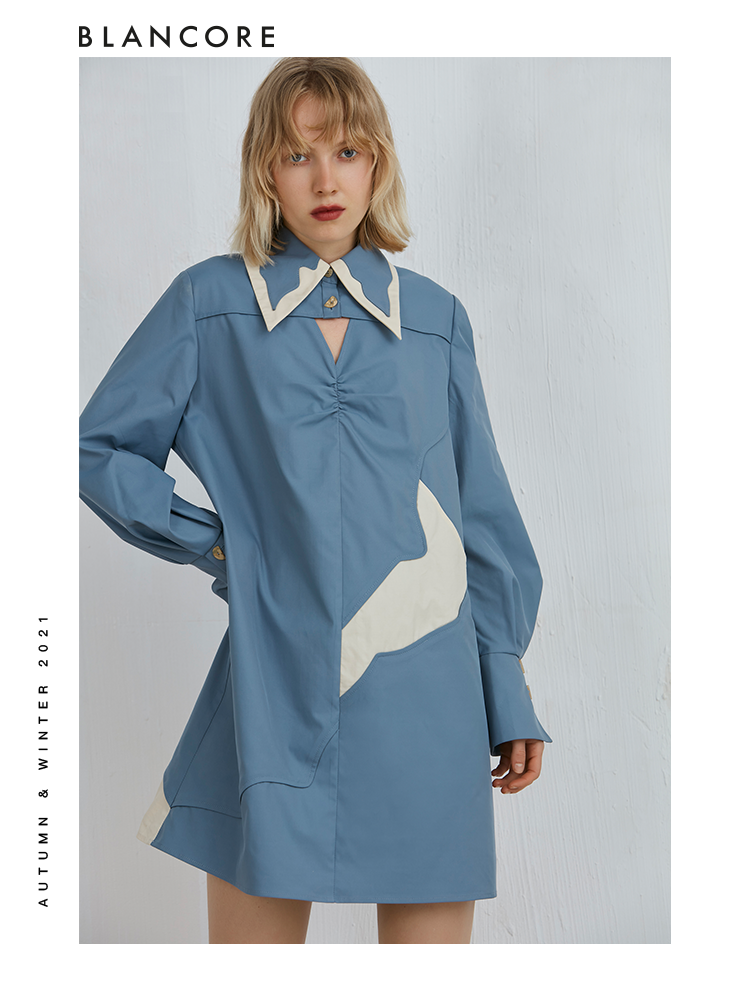 Color Block Shirt Dress With Hollow-Out Detail