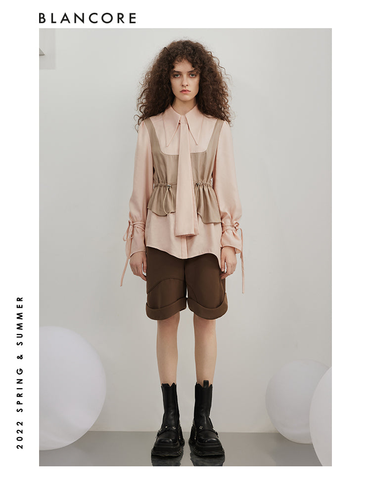 Vintage Drawstring Color Block Shirt