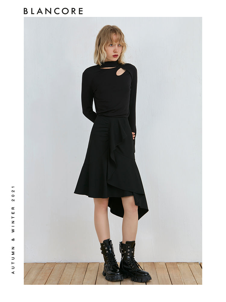 Black Slim Fit Asymmetrical Hollow-Out Top