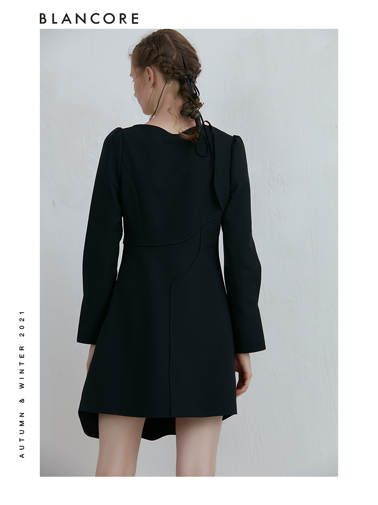 Curve Panelled Long Sleeve Black Dress With Tie Detail