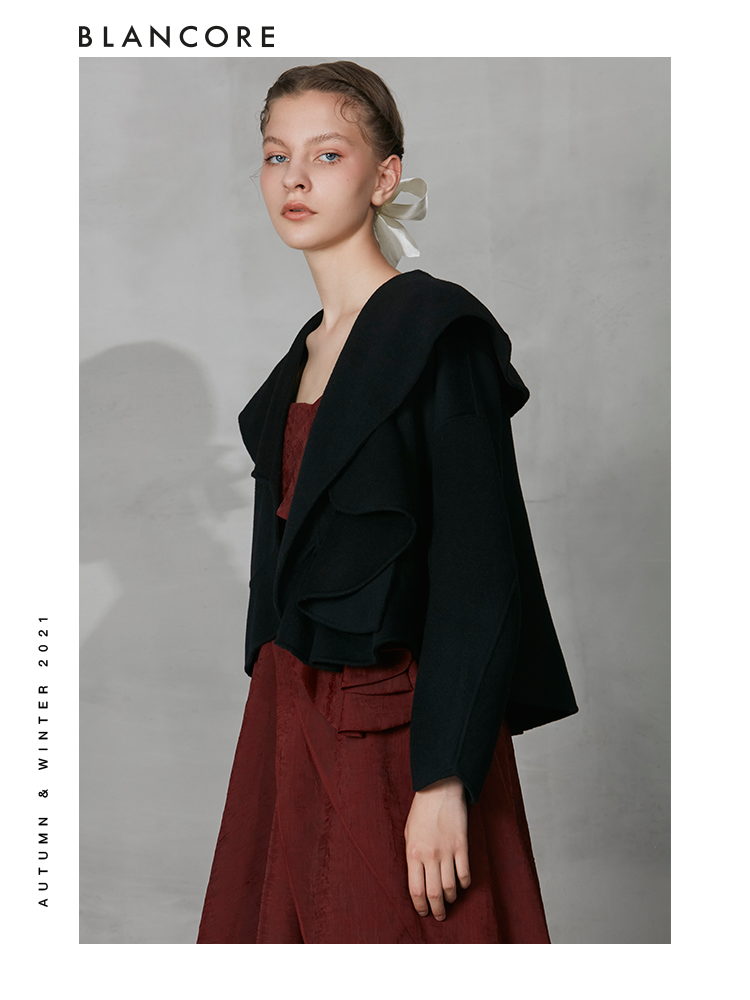 Asymmetrical Cropped Wool Coat With Ruffle Detail