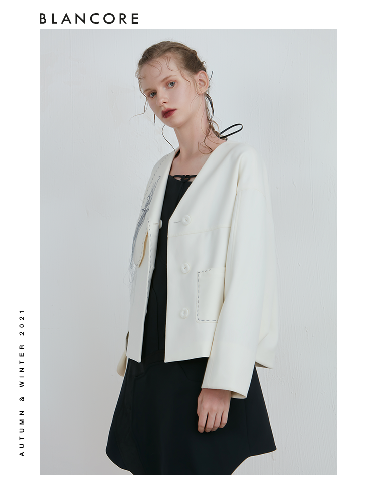 Asymmetrical Curve Panelled Jacket With Embroidered Detail