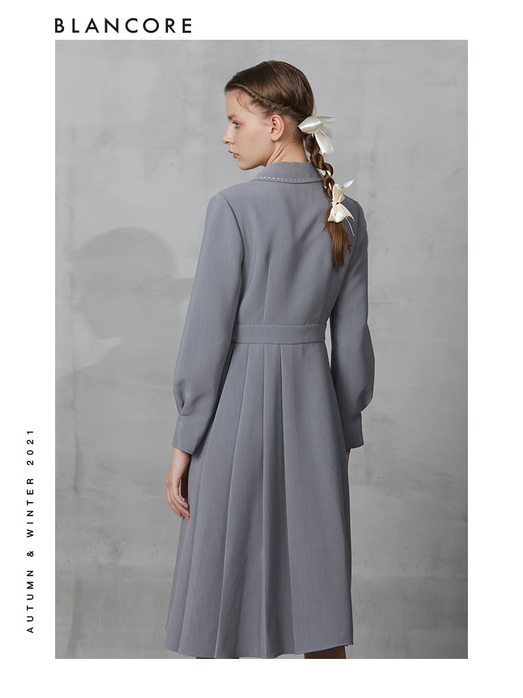 Asymmetrical Pleated Dress With  Curvy Notched Collar