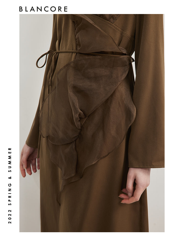 Mesh Paneled Long Sleeve Dress With Belt