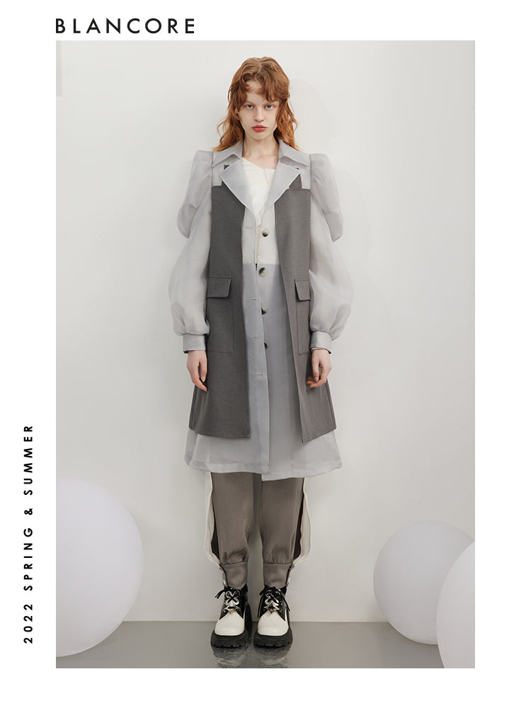 Mesh Paneled Trench Coat With Puff Sleeves