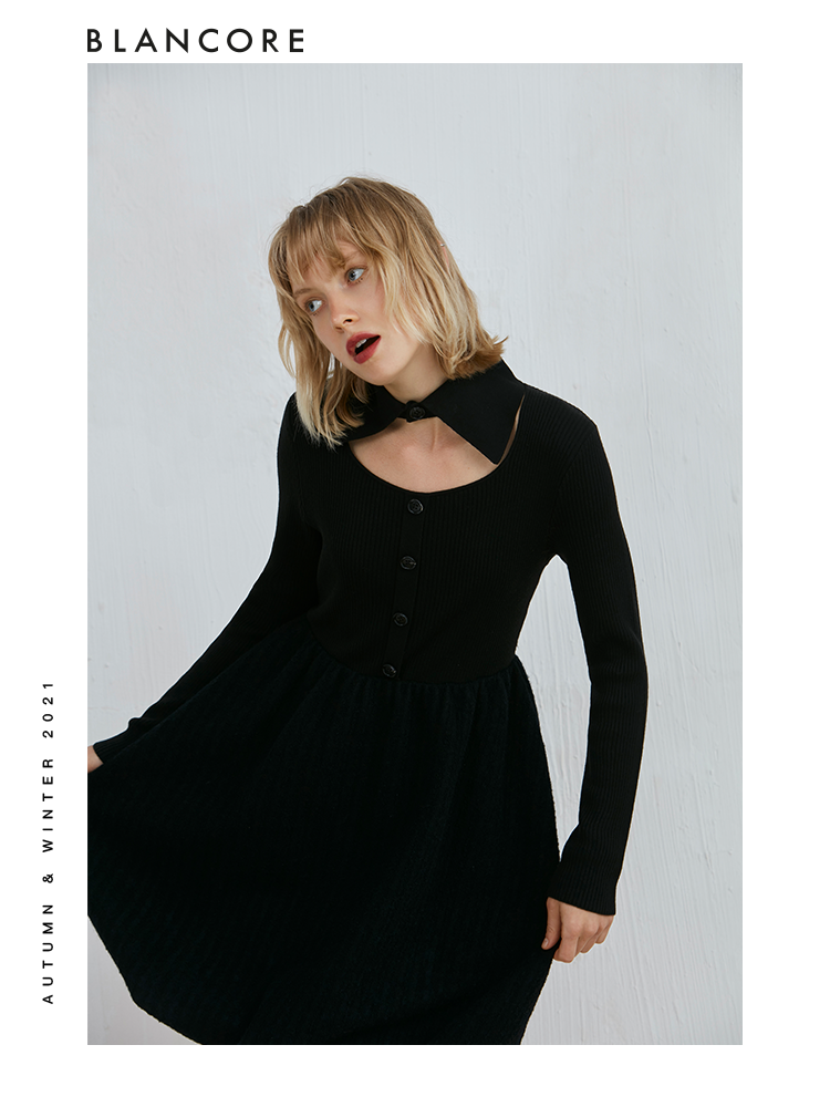Black Knit Dress With Oversized Pockets
