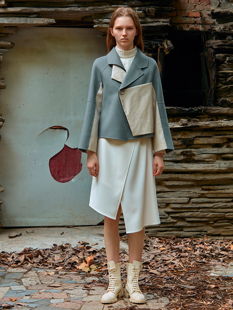COLOR BLOCK FEATHER PANELED WOOL COAT
