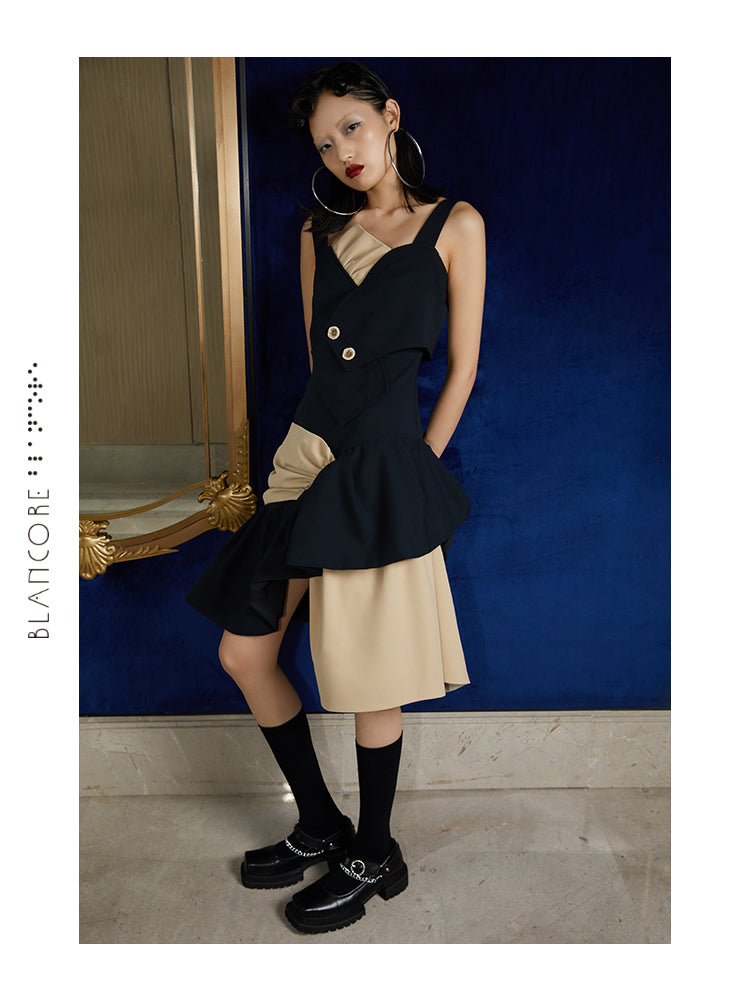 FAKE TWO-PIECE COLOR BLOCK SUSPENDER DRESS