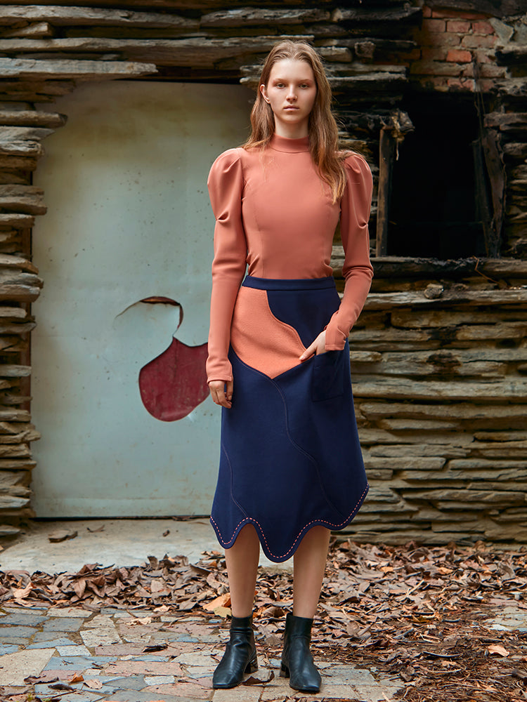 CURVED SPLIT COLOR BLOCK SKIRT