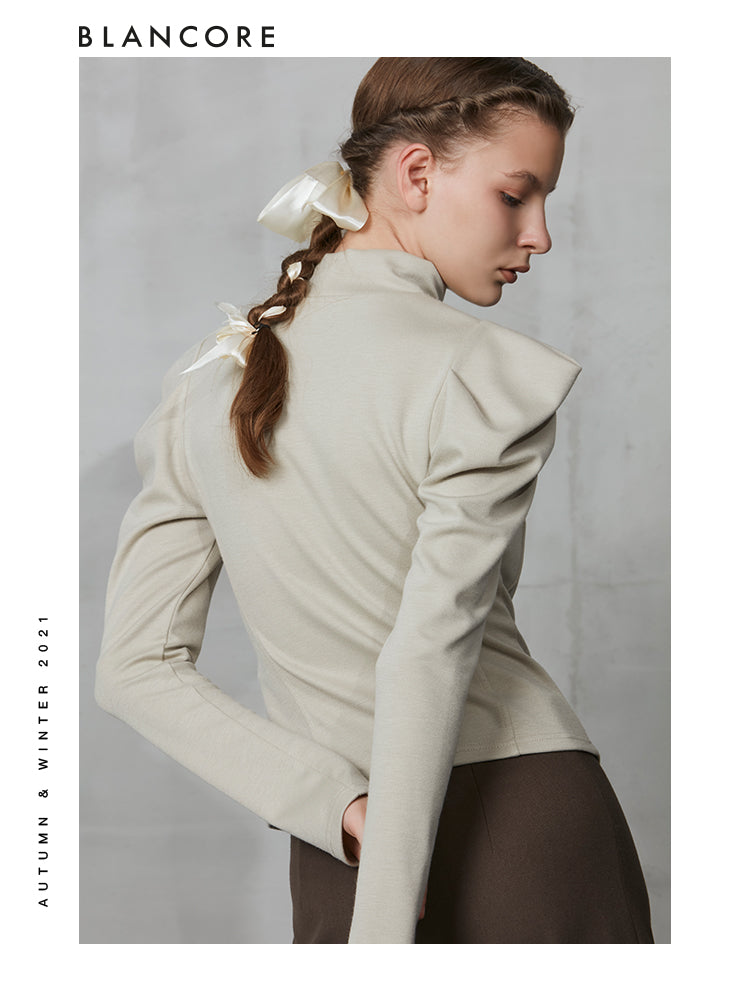 Turtleneck Knit Top With Shoulder Pad Detail