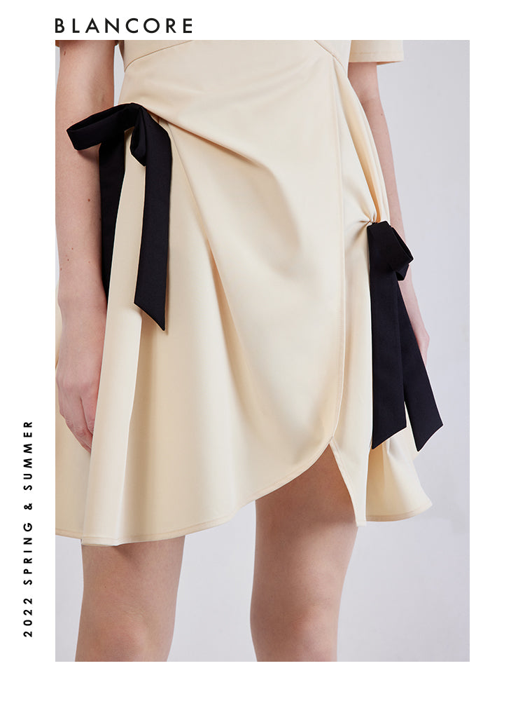 Deconstructed Dress With Color Block Shoulder Bow