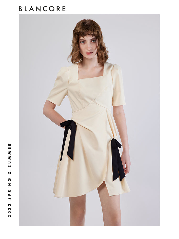 Deconstructed Dress With Color Block Shoulder Bow