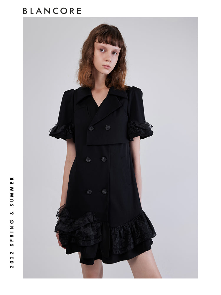 Fake 2-piece Blazer Dress With Mesh Embllished Hem