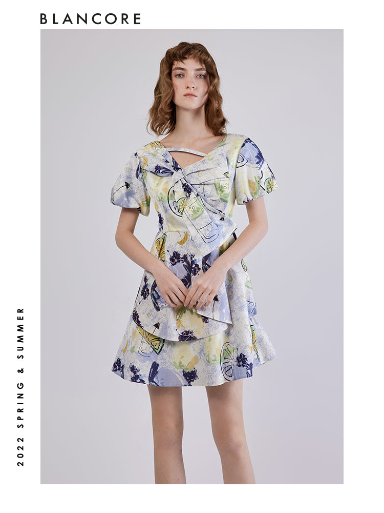 Printed Dress With Asymmetrical Bow